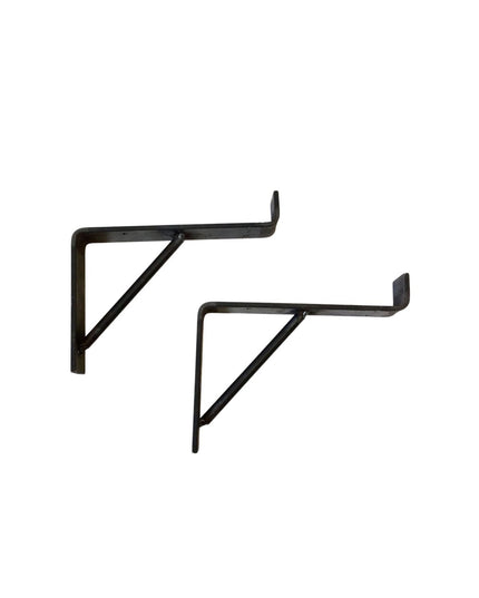 Two black metal shelf brackets with diagonal support bars from Industrial Farm Co, The Shaver Open Shelving Support system