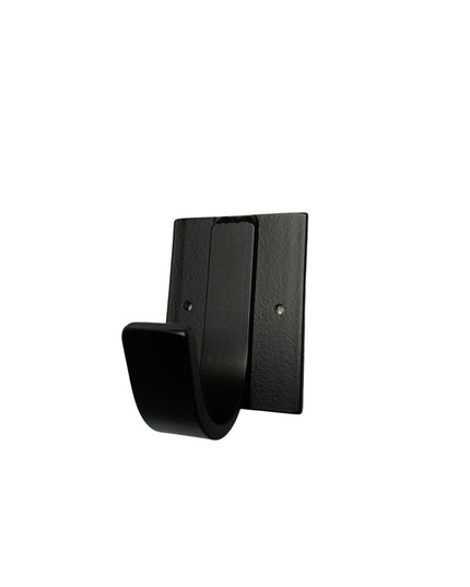Black iron Dublin mudroom hook with rectangular wall mount plate and curved hook arm by Industrial Farm Co
