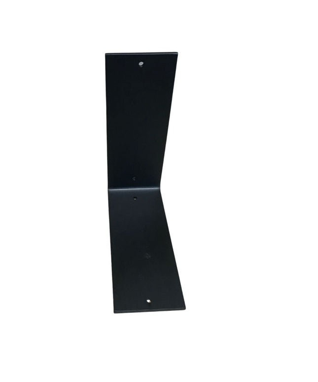 A 4-inch wide L bracket made of sturdy metal. The bracket has a right-angle shape with pre-drilled holes along both arms for easy mounting. It features a smooth finish and reinforced edges for added strength and stability, ideal for supporting shelves or other fixtures