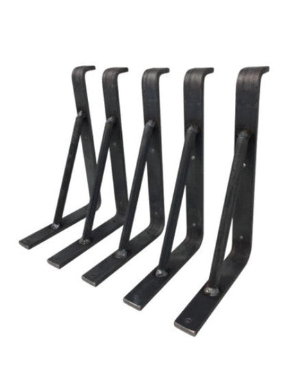 Set of five black metal Norwich Support Brackets by Industrial Farm Co arranged in a row, showing L-shaped shelf brackets ...