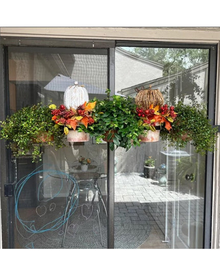 Yonkers horizontal steel planters by Industrial Farm Co mounted on sliding glass door with autumn foliage and decorative p...