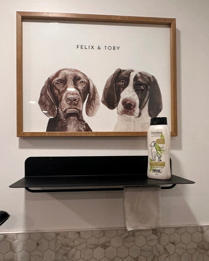 Industrial Farm Co. Dog wash with metal shelf to hold shampoo and wash essentials. 