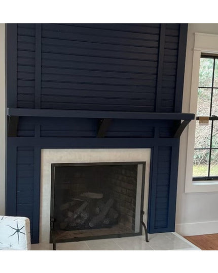Eleanor Minimal Steel Bracket by Industrial Farm Co supporting dark blue shiplap fireplace mantel in modern farmhouse livi...