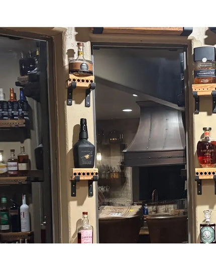 Black metal Z-style shelf brackets by Industrial Farm Co supporting wooden shelves with whiskey bottles in kitchen cabinet...