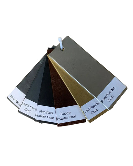 Skaneateles Falls steel finish sample kit by Industrial Farm Co showing 6 handcrafted powder coat swatches in fan arrangem...