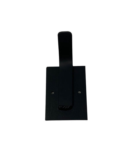 Black metal wall mounted hook with cylindrical peg and rectangular mounting plate - The Tator Hook by Industrial Farm Co