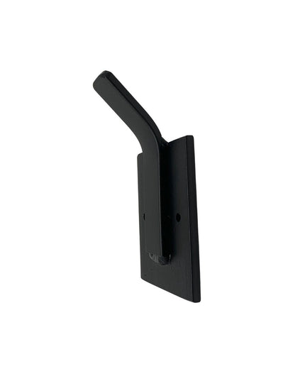 Black metal Tator wall mounted hook by Industrial Farm Co featuring curved arm and rectangular mounting plate on white bac...