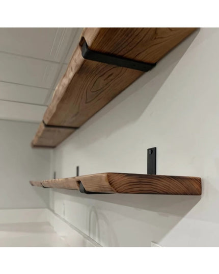 Rustic wood floating shelves with black metal Jane J Style Shelf Brackets by Industrial Farm Co mounted on white shiplap wall