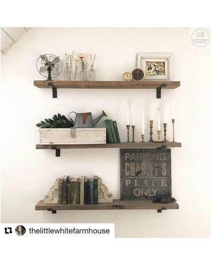 Industrial Farm Co Abbey Z Style black metal shelf brackets supporting three wooden shelves with farmhouse decor including...