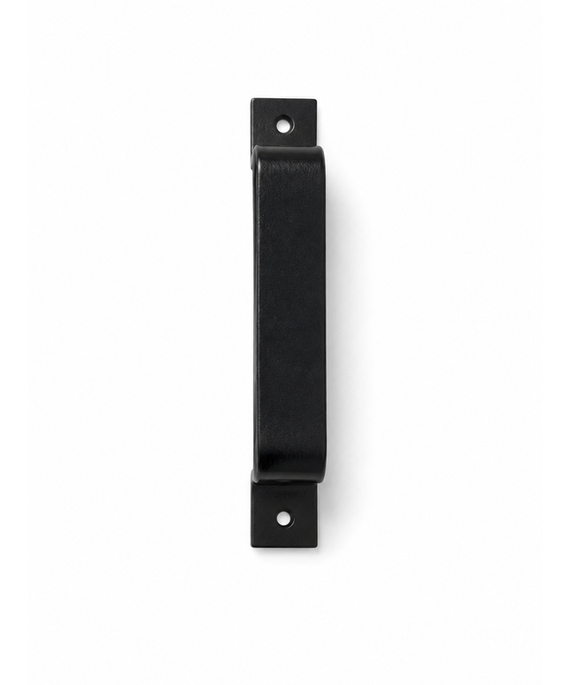 Black rectangular door handle on a white background
