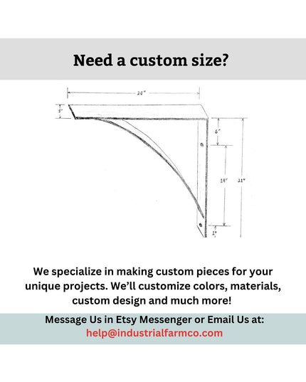 Industrial Farm Co custom steel shelf bracket dimensions diagram showing 30" L-bracket with curved support design and meas...