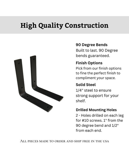 Black steel L-shaped shelf brackets by Industrial Farm Co showing 90-degree angle construction with pre-drilled mounting h...