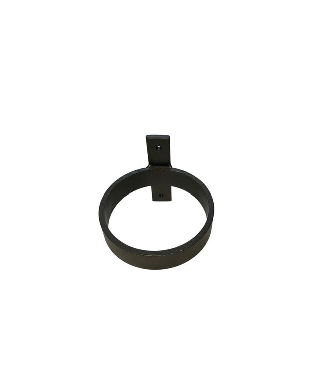Black metal circular plant pot holder with wall mount bracket from Industrial Farm Co, minimalist industrial design agains...