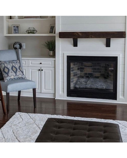 Dark steel mantel brackets supporting rustic wood beam above white shiplap fireplace surround - The Eleanor Minimal Steel ...