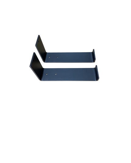 Two black steel J-shaped shelf brackets from Industrial Farm Co, featuring L-shaped design with mounting holes for heavy d...