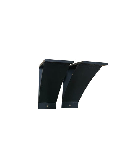 Two black metal Lexica 4 inch wide shelf support brackets with triangular design and mounting holes from Industrial Farm Co