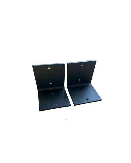 Two black steel L-shaped shelf brackets by Industrial Farm Co, 5 inch wide heavy duty angle supports with mounting holes
