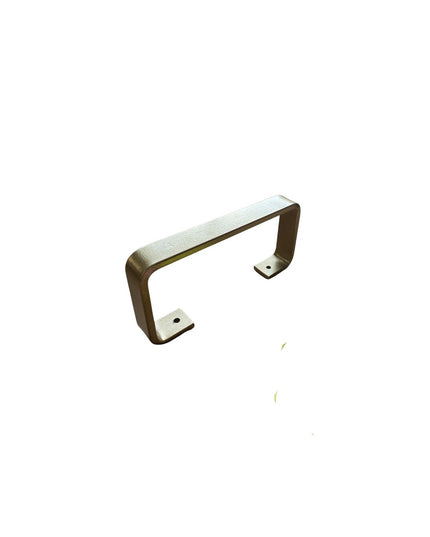 Industrial Farm Co Emma brass towel holder with curved rectangular design and mounting holes on white background