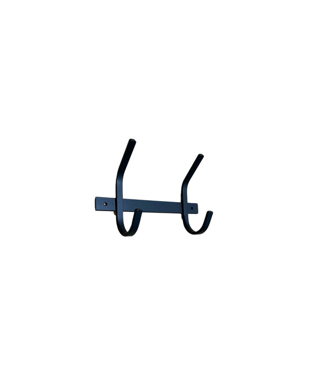 Industrial Farm Co Meredith Petite Double J Coat Rack in navy blue with black curved hooks mounted on white background