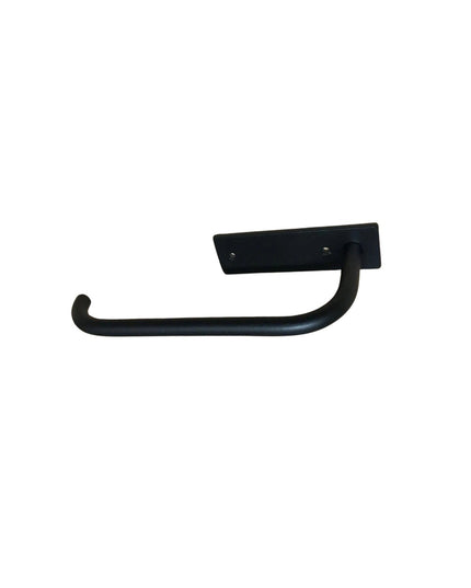 Black metal curtain tie back hook with rectangular mounting plate and curved arm from Industrial Farm Co