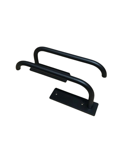 Black metal horse head curtain tie backs by Industrial Farm Co with curved design and mounting plate on white background