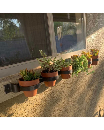 Yonkers Horizontal Steel Planter by Industrial Farm Co mounted on textured wall holding terracotta pots with succulents