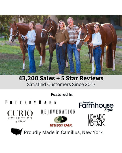 Family of five with three brown horses on farm showcasing Industrial Farm Co's handcrafted steel brackets, 43,200+ sales, ...