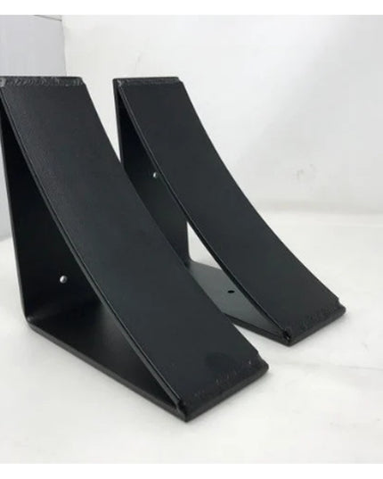 Two black steel Eleanor Minimal Steel Brackets by Industrial Farm Co displaying modern triangular design with mounting hol...