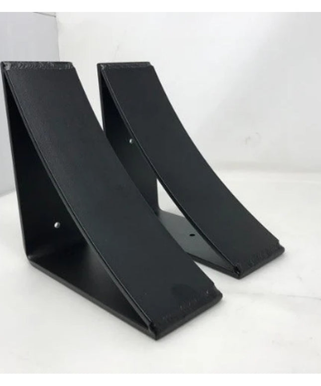 Two black steel Eleanor Minimal Steel Brackets by Industrial Farm Co displaying modern triangular design with mounting hol...