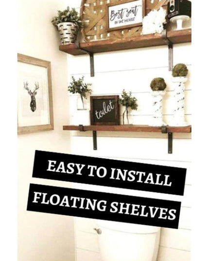 Rustic wooden floating shelves with black metal Z-style brackets mounted on white shiplap bathroom wall displaying decorat...