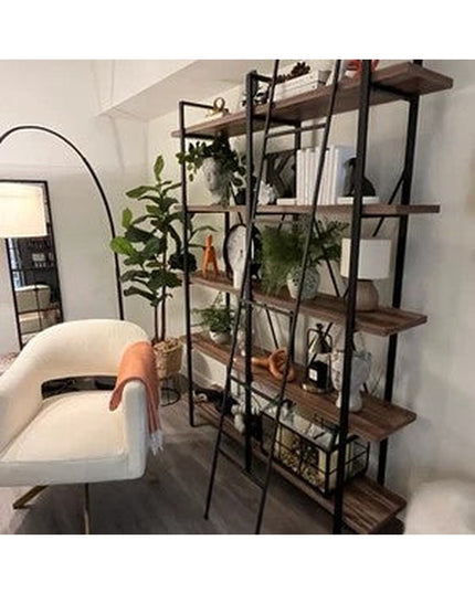 The Lynn Metal Ladder by Industrial Farm Co - black metal frame decorative ladder bookshelf with wood shelves displaying p...