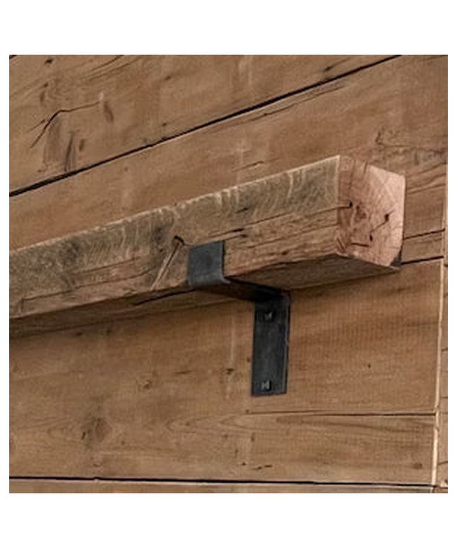 Skaneateles Z Style black metal shelf bracket mounted under rustic wood beam showing Industrial Farm Co support hardware