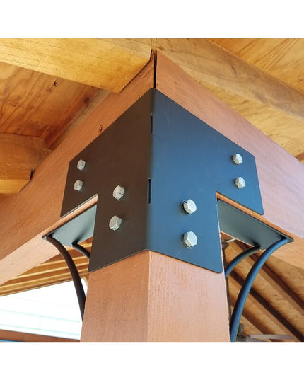 Industrial Farm Co Sawmiller black metal shelf bracket with hexagonal bolts mounted on wooden beam in rustic timber frame ...