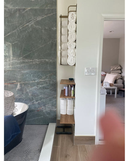 Tyler Bathroom Towel Rack by Industrial Farm Co - black metal ladder-style towel holder with wood shelves storing white to...
