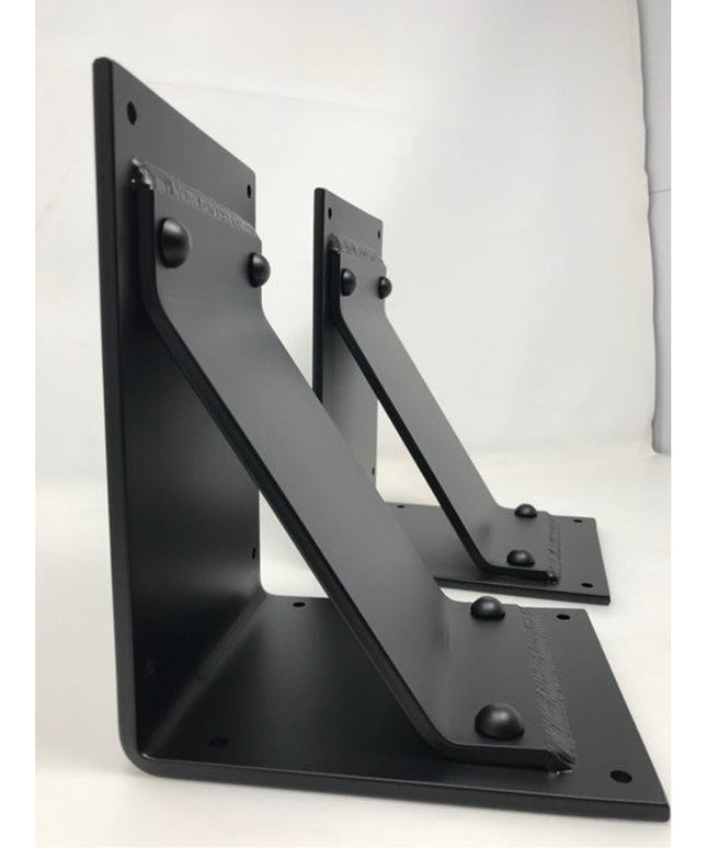 Black metal Parish Style Bracket Supports by Industrial Farm Co, two triangular wall-mounted shelf brackets with decorativ...