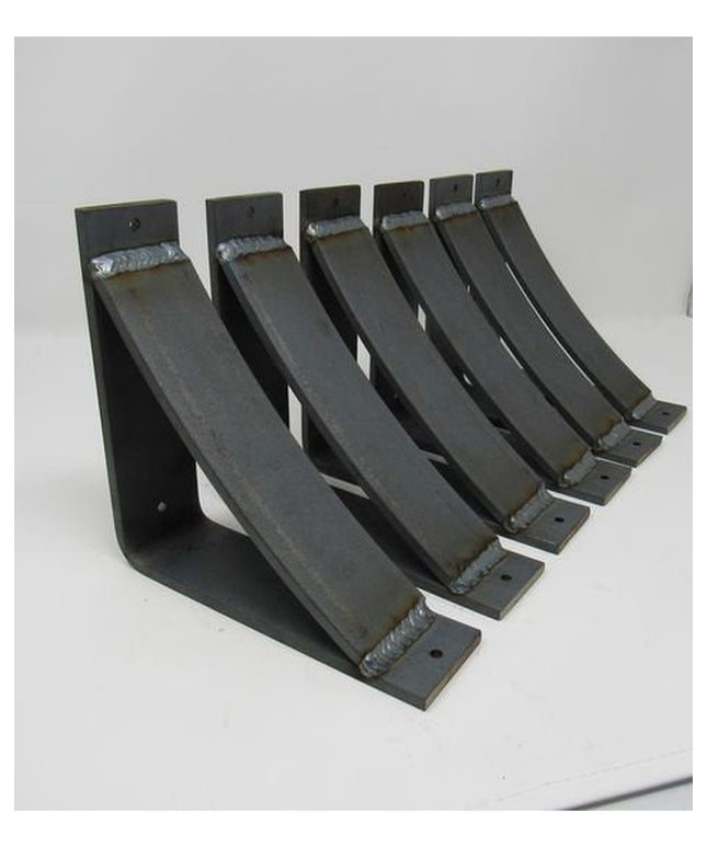 Set of six black metal curved countertop support brackets by Industrial Farm Co, showing welded steel construction with mo...