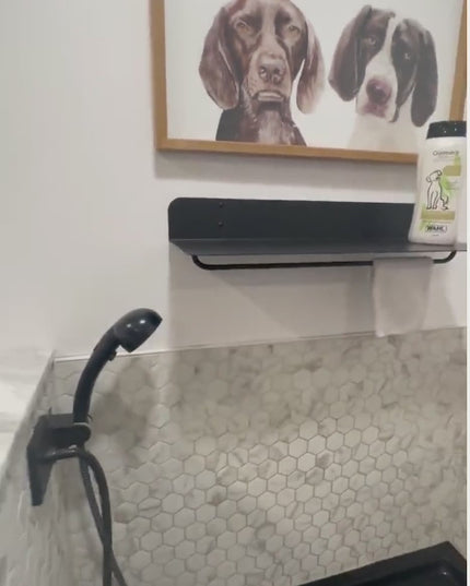 Video of dog wash with Industrial farm Co Metal shelf holding wash cloth on optional welded towel bar