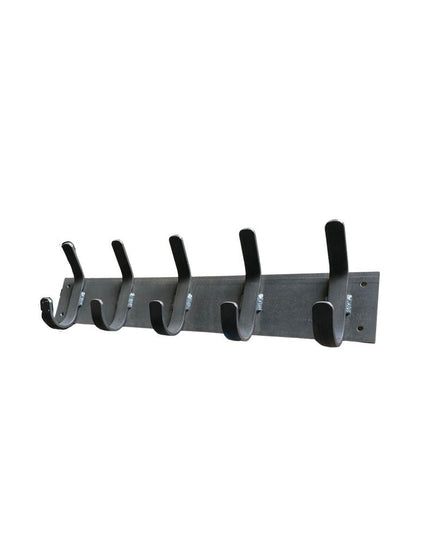Riseform black metal wall mounted coat rack with 5 hooks on rectangular backing plate by Industrial Farm Co