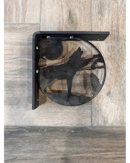 Black metal wolf silhouette shelf bracket by Industrial Farm Co mounted on light wood surface, featuring rustic handcrafte...